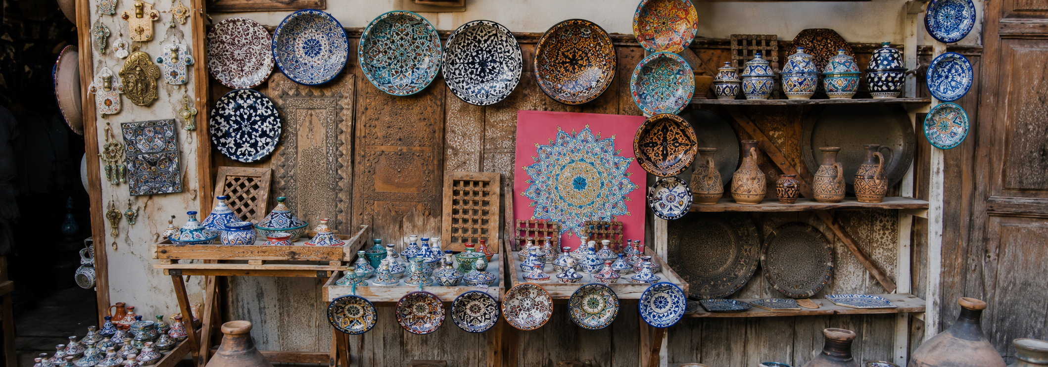 Colorful artisan market with handcrafted ceramics and pottery